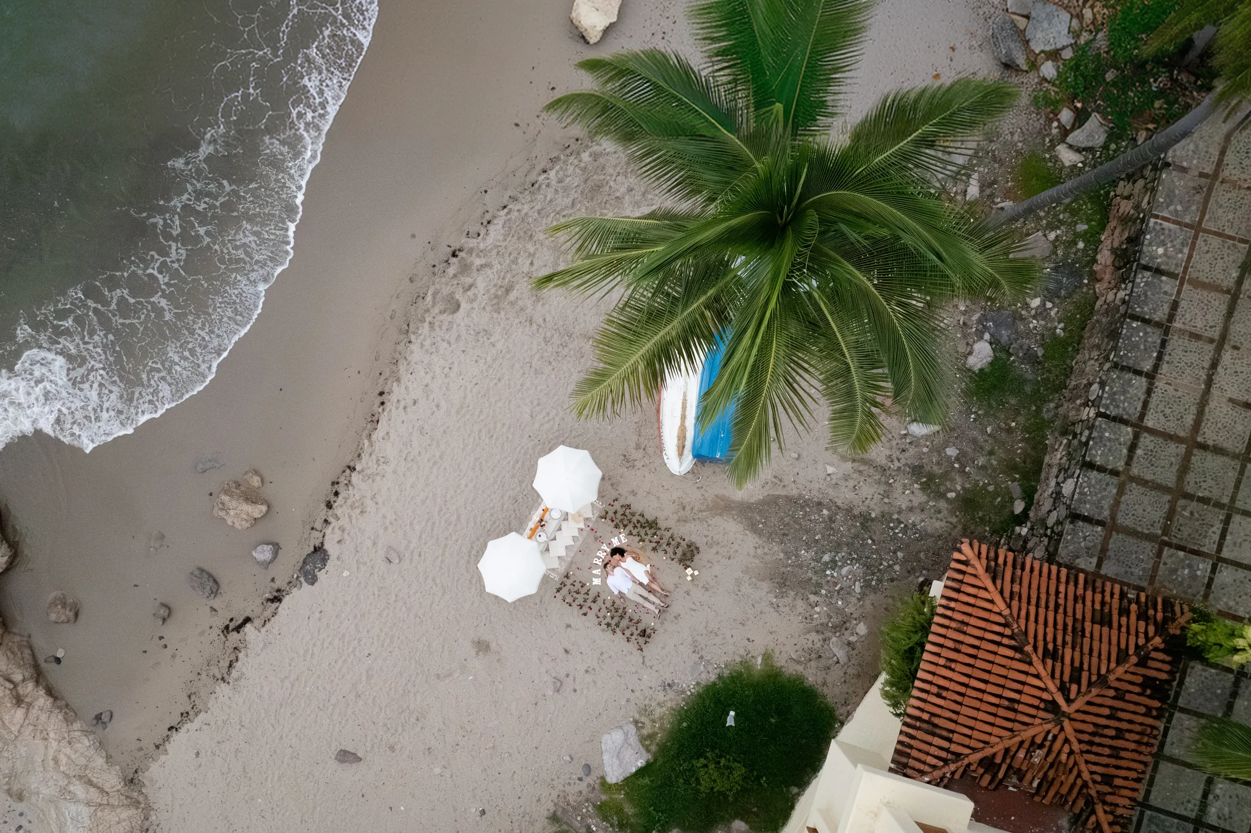 Aerial view of the beachfront proposal setup
