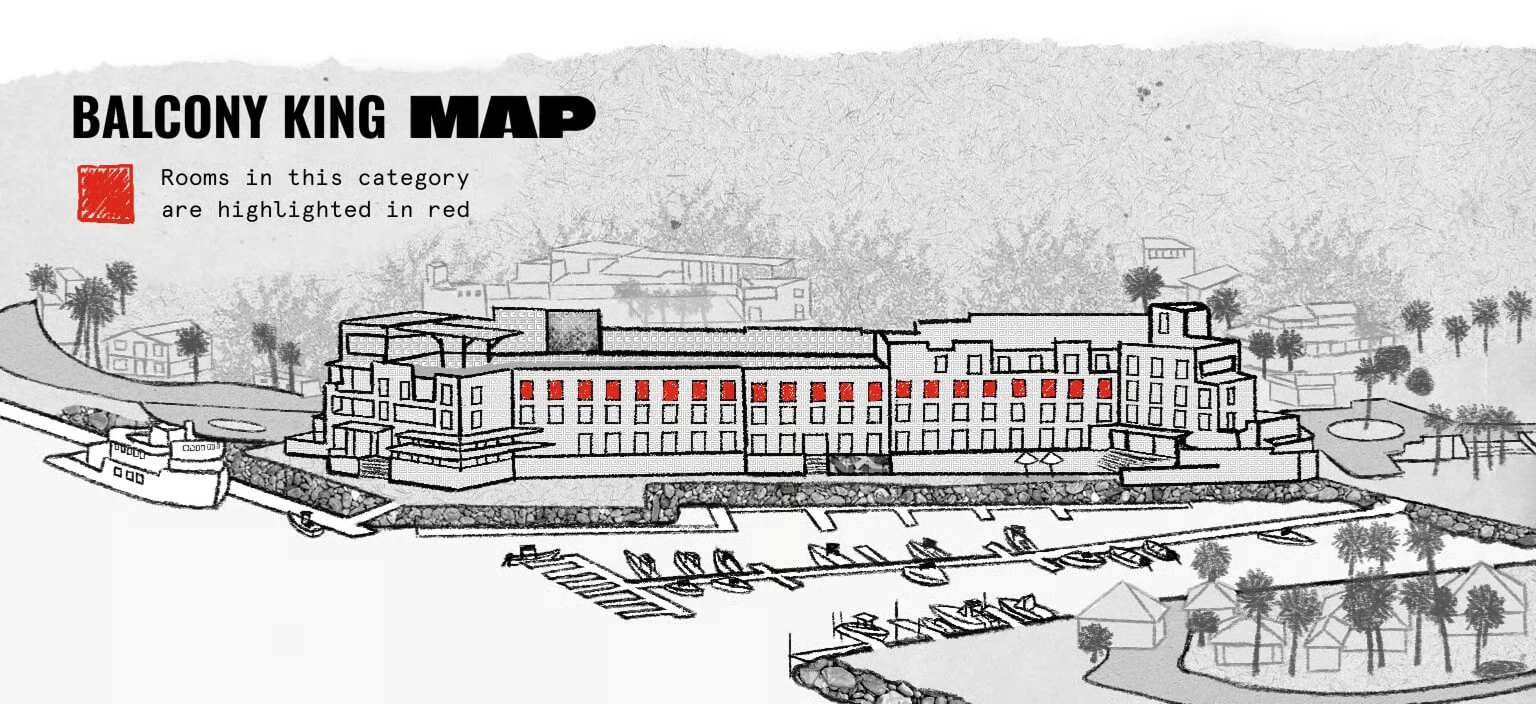 Illustrated map of Hotel El Ganzo titled Balcony King Map, with the Balcony King rooms highlighted in red along the top row of windows on the marina-facing side of the building.