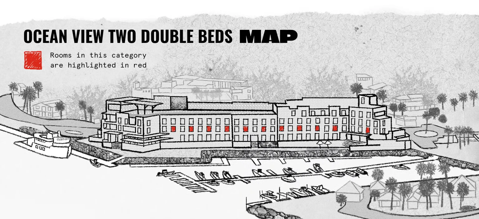 Illustrated map of Hotel El Ganzo titled Ocean View Two Double Beds Map, with the Ocean View rooms highlighted in red along the middle row of windows on the marina-facing side of the building.