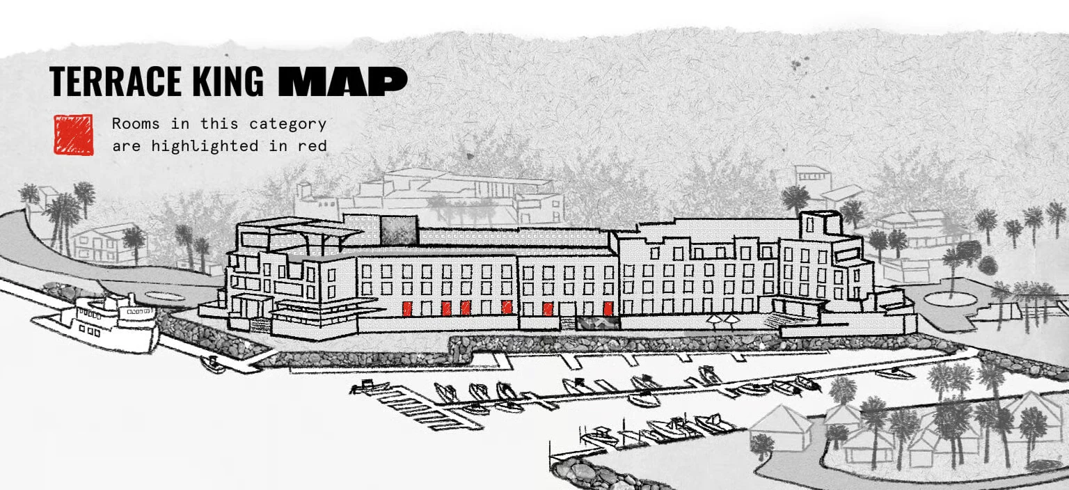 Illustrated map of Hotel El Ganzo titled Terrace King Map, with the Terrace King rooms highlighted in red along the ground-floor row of windows on the marina-facing side of the building.