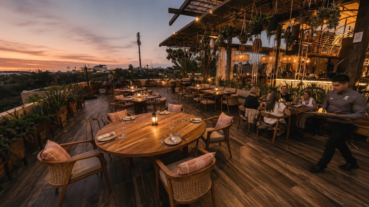 Rooftop restaurant terrace at sunset with a round wooden table, wicker chairs, hanging plants and a server carrying a tray