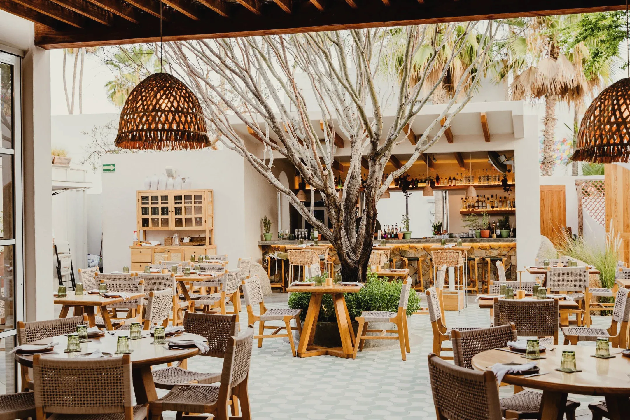 Open-air restaurant courtyard with a bare tree among round and square wooden tables, woven chairs and woven pendant lamps, a bar at the back
